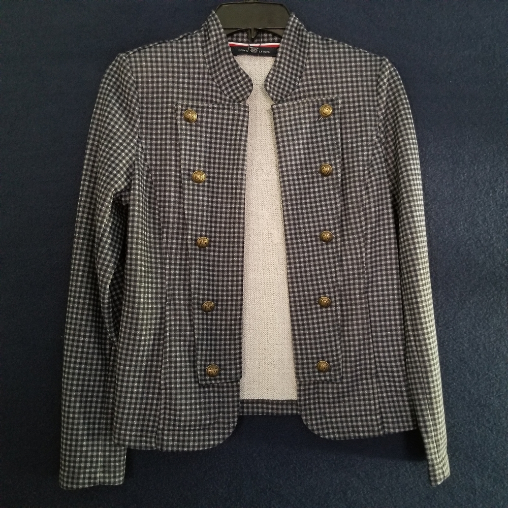 Tommy Hilfiger Checkered Band Collar Military Jacket Stand-Up Band Collar